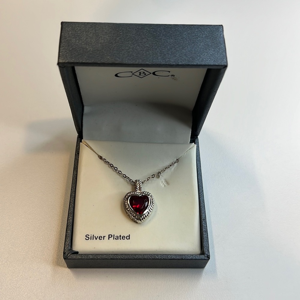 CBC Silver Chain Necklace w/ Silver & Red Gemstone Heart Pendant, NWT!